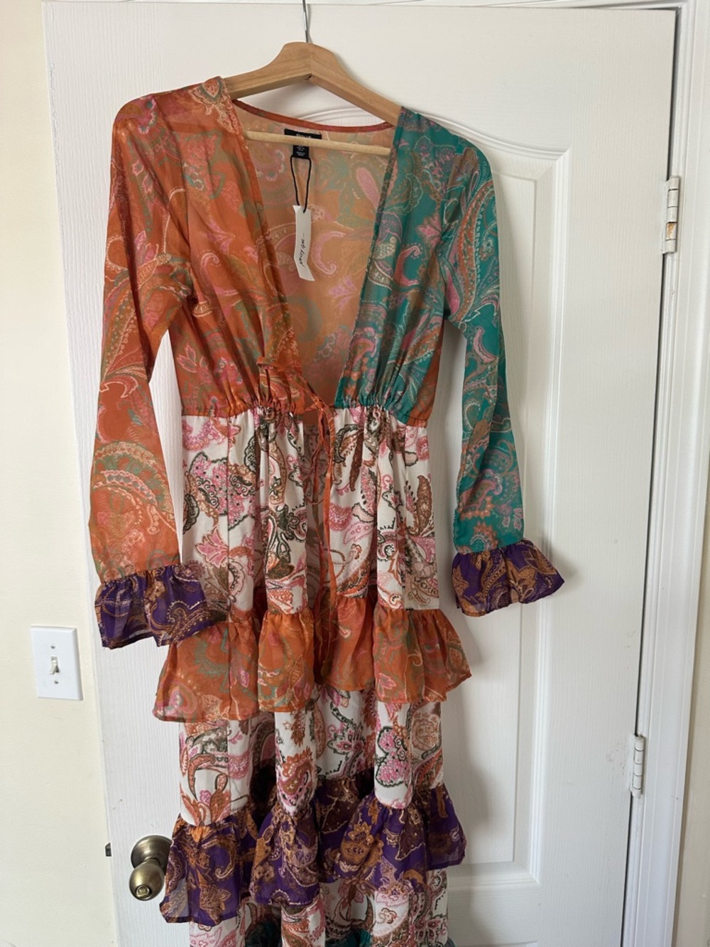 Nasty Gal Paisley Tiered Maxi Dress in Orange, Teal & Purple
